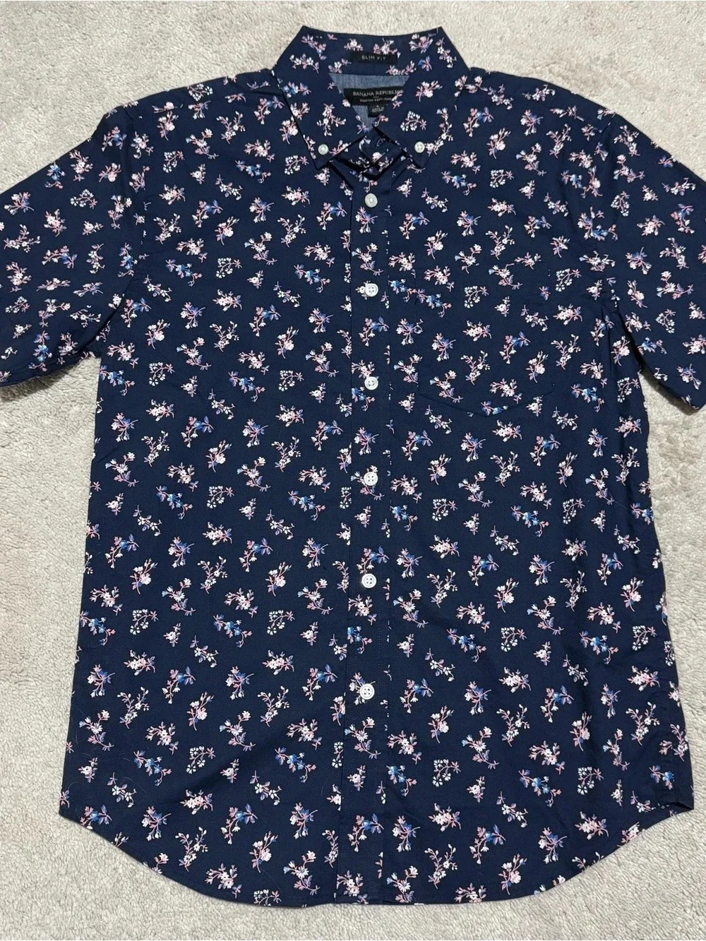 Banana Republic Men's Slim Fit Navy Stretch Floral Short Sleeve Button Down - S